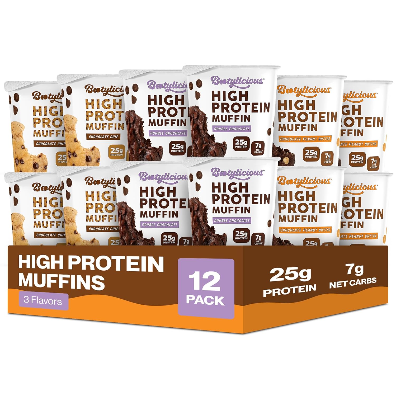 Bootylicious | High-Protein Muffin | 25g Protein, 7g Net Carbs, Low Glycemic Index, 12-Pack (Chocolate Lovers)