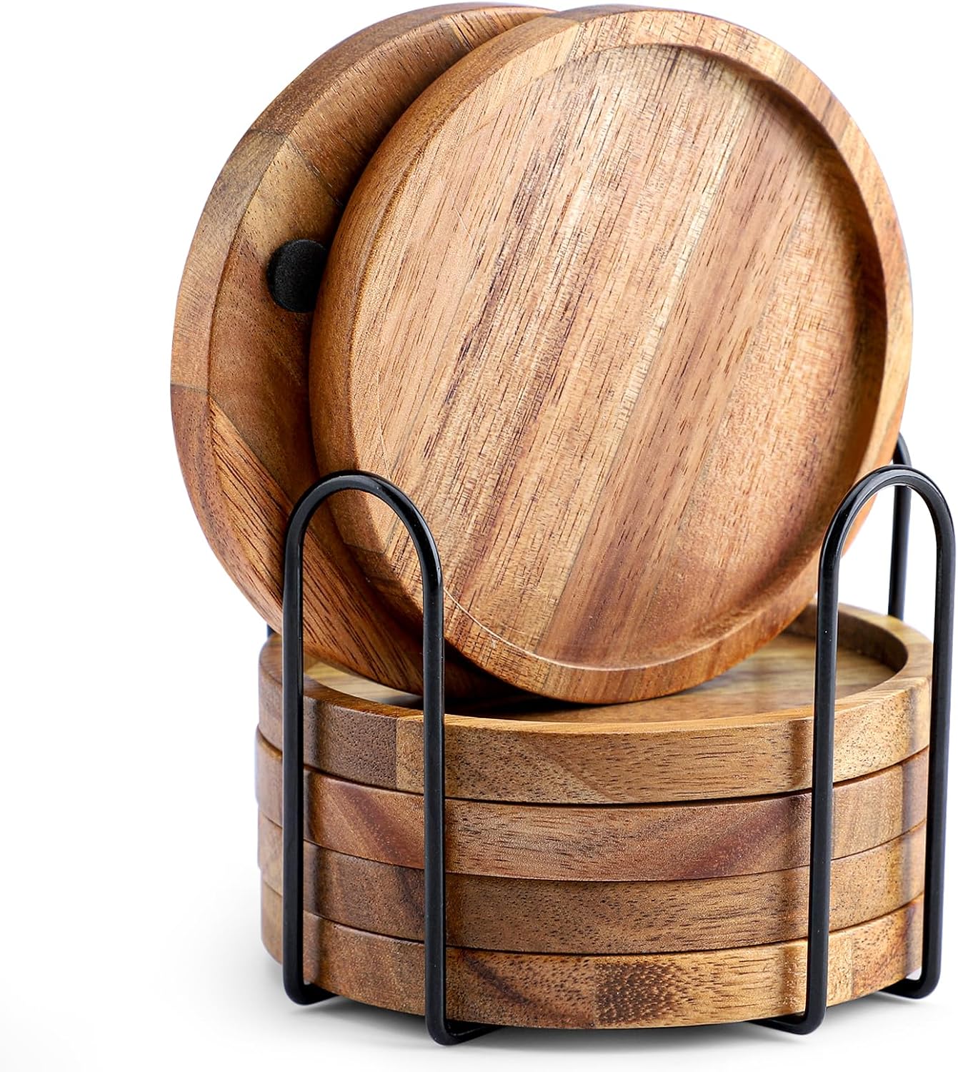 Acacia Wood Coasters for Drinks with Lip, WLWNWFT Round Drink Coasters with Holder for Coffee Table Dining Table Wooden Table Coasters for Farmhouse Desk, Set of 6