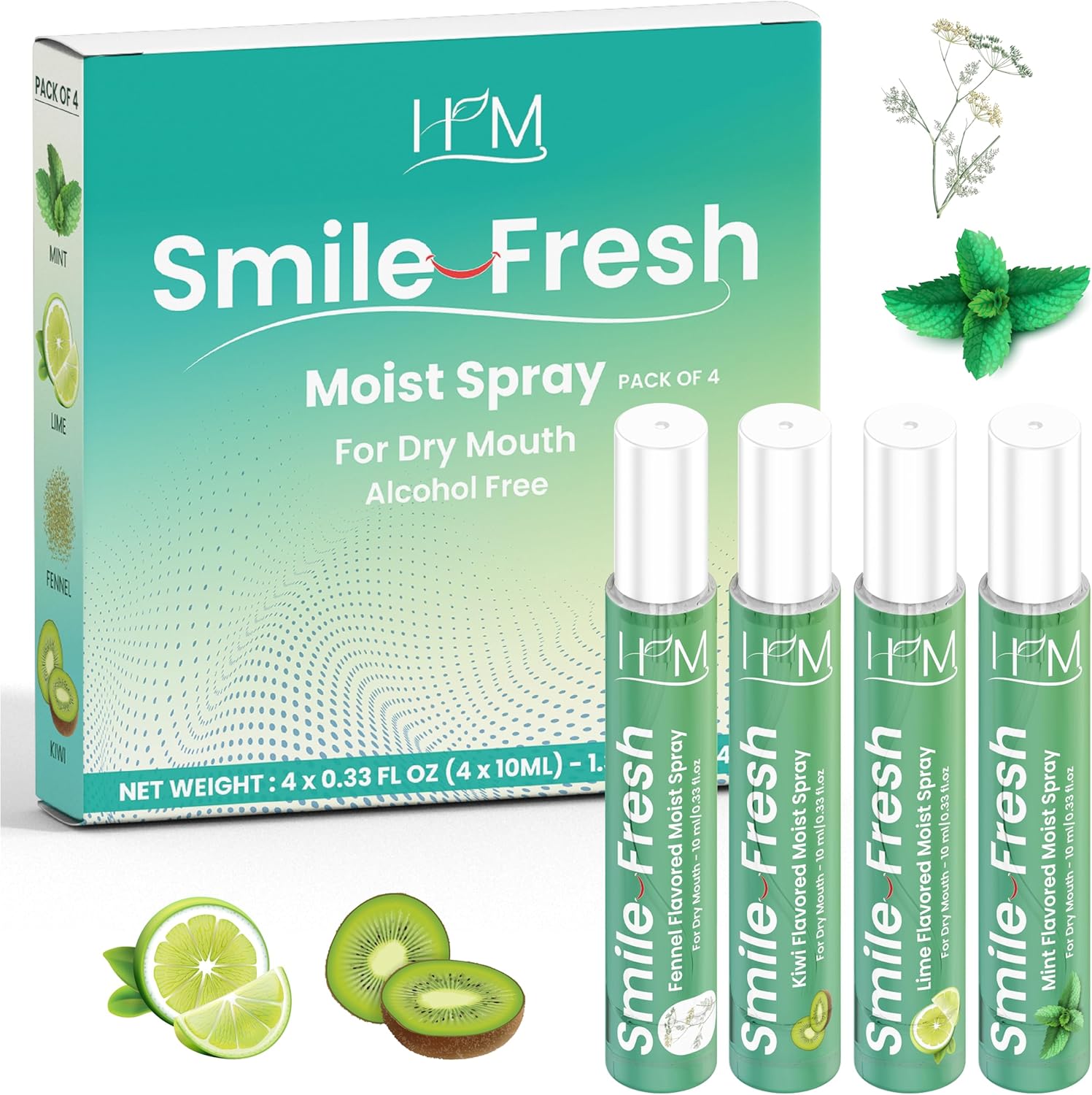 HM - Dry Mouth Flavoured Spray - Alcohol Free | Instantly Hydrate & Moisturize | pH Balanced | Promotes Saliva Production & Soothes | Pack of 4 x 0.33 oz [1.35 Oz]
