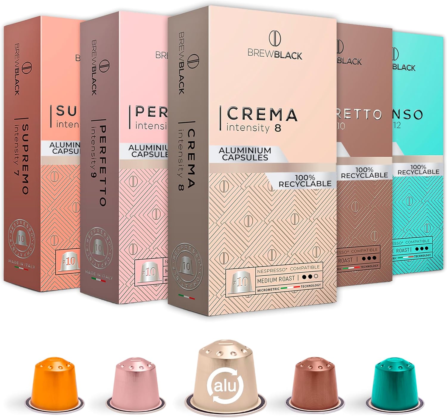 BrewBlack Variety Pack - 50 Aluminium Coffee Pods Compatible with Nespresso Original line - Medium & Dark Roast Coffee Capsules Made in Italy