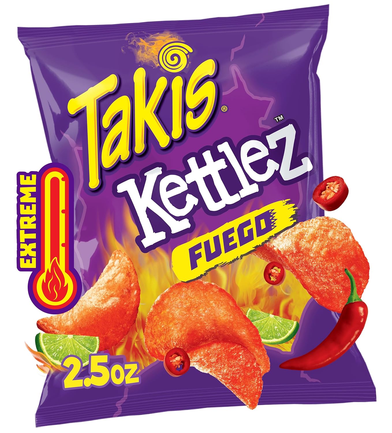 Takis Fuego Kettlez Potato Chips 2.5 oz Snack, Extreme Hot Chili Pepper & Lime Flavored