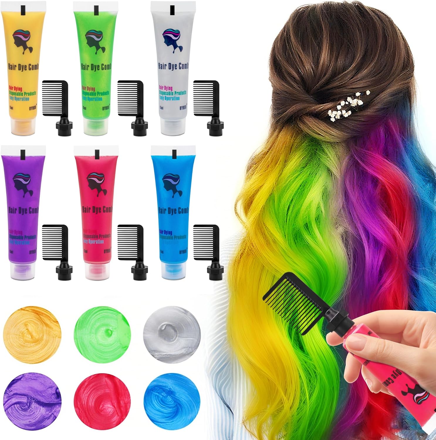 Byhoo Hair dye for Dark Hair, Temporary Hair Colour Comb for GIrl & Women. Great Gift on Birthday Halloween Christmas Cosplay Party, Easy Washable and Safety Hair Chalk Comb(6 Bright Colour)