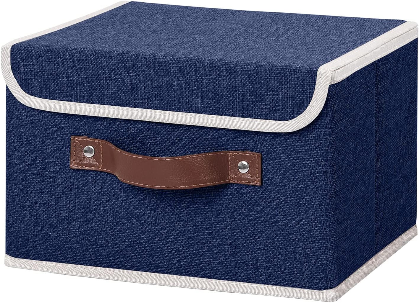 ANMINY Storage Bin with Lid Storage Boxes with PU Leather Handles PP Plastic Board Decorative Foldable Lidded Cotton Linen Fabric Home Cubes Baskets Closet Organizer Container - Blue, Small Size