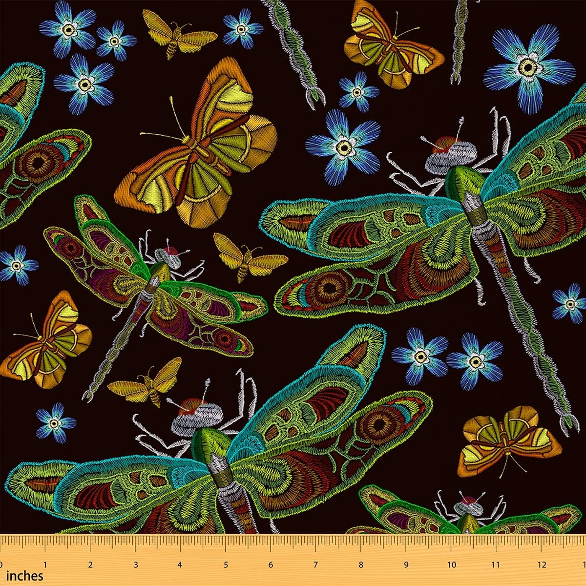 Dragonfly Fabric by The Yard, Butterfly Floral Upholstery Fabric, Embroidered Flower Animal Decorative Fabric, Wildlife Plant Indoor Outdoor Fabric, DIY Art Waterproof Fabric, Green Yellow, 1 Yard