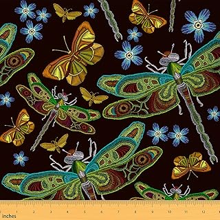 Dragonfly Fabric by The Yard, Butterfly Floral Upholstery Fabric, Embroidered Flower Animal Decorative Fabric, Wildlife Plant Indoor Outdoor Fabric, DIY Art Waterproof Fabric, Green Yellow, 1 Yard