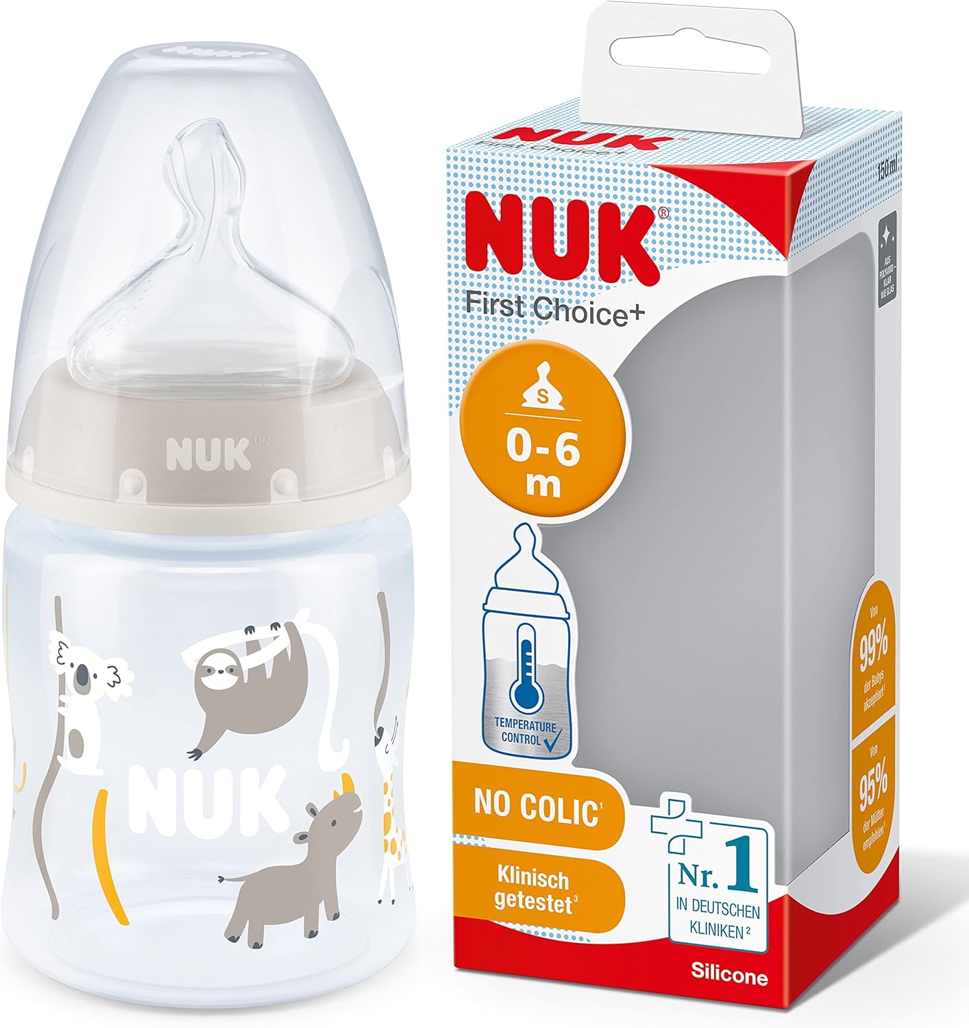 NUK First Choice+ Baby Bottle| 0-6 Months | Temperature Control | Anti Colic Vent | 150 ml | BPA-Free | Silicone Teat | Safari (Beige)