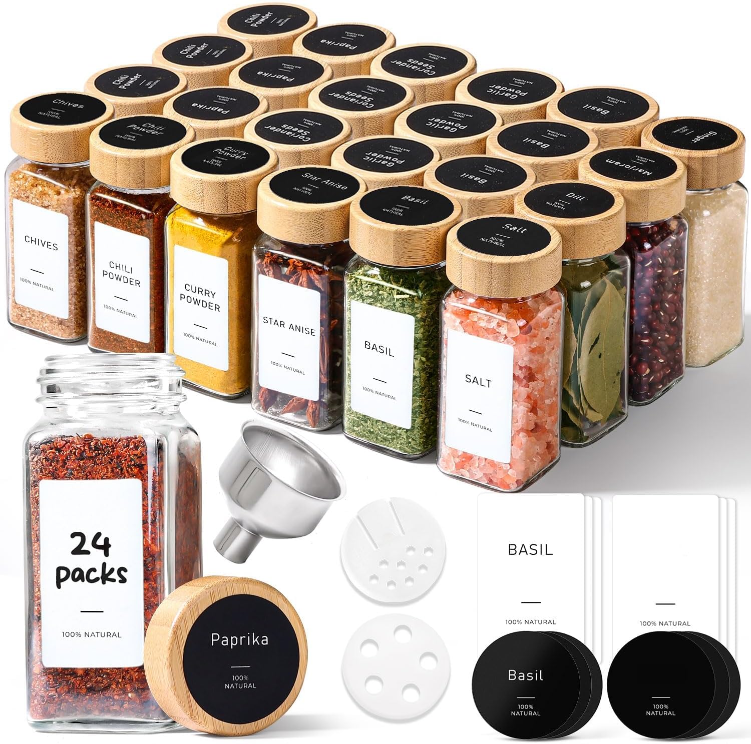 ComSaf 120ml Glass Spice Jars with Bamboo Lids & Labels for Herbs, 24 Pack