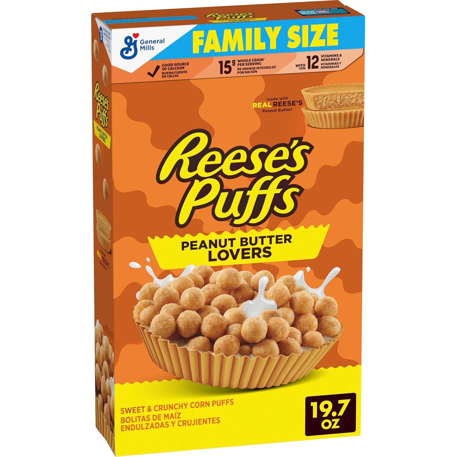 REESE'S PUFFS Peanut Butter Lovers Breakfast Cereal, Made with Whole Grain and Real REESE'S Peanut Butter, Family Size, 19.7 oz