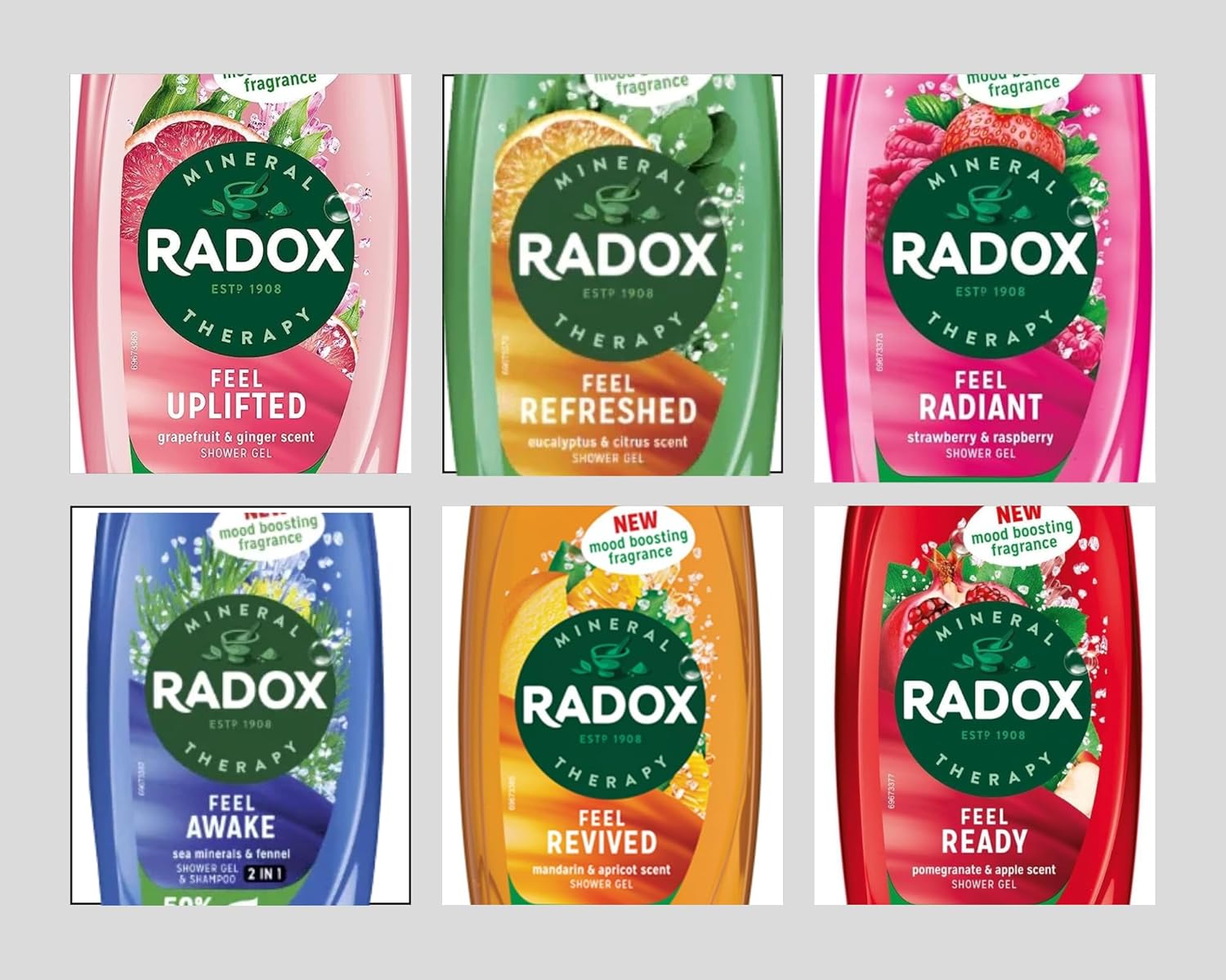 Radox Shower Gel Bundle For Everyday Use | 1x250ml Uplifting | 1x250ml Feel Ready | 1x250ml Revive | 1x250ml Feel Detox | 1x250ml Feel Refreshed | 1x250ml Feel Awake