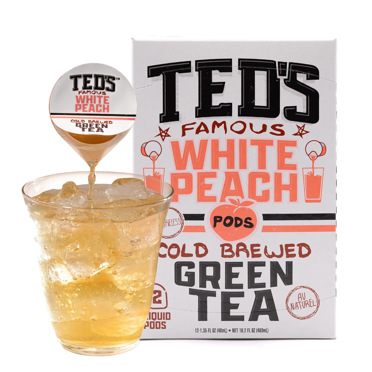 Ted's Tea by Java House - Single Serve Liquid Concentrate Pods - Peel and Pour - White Peach Green Tea - Pack of 12