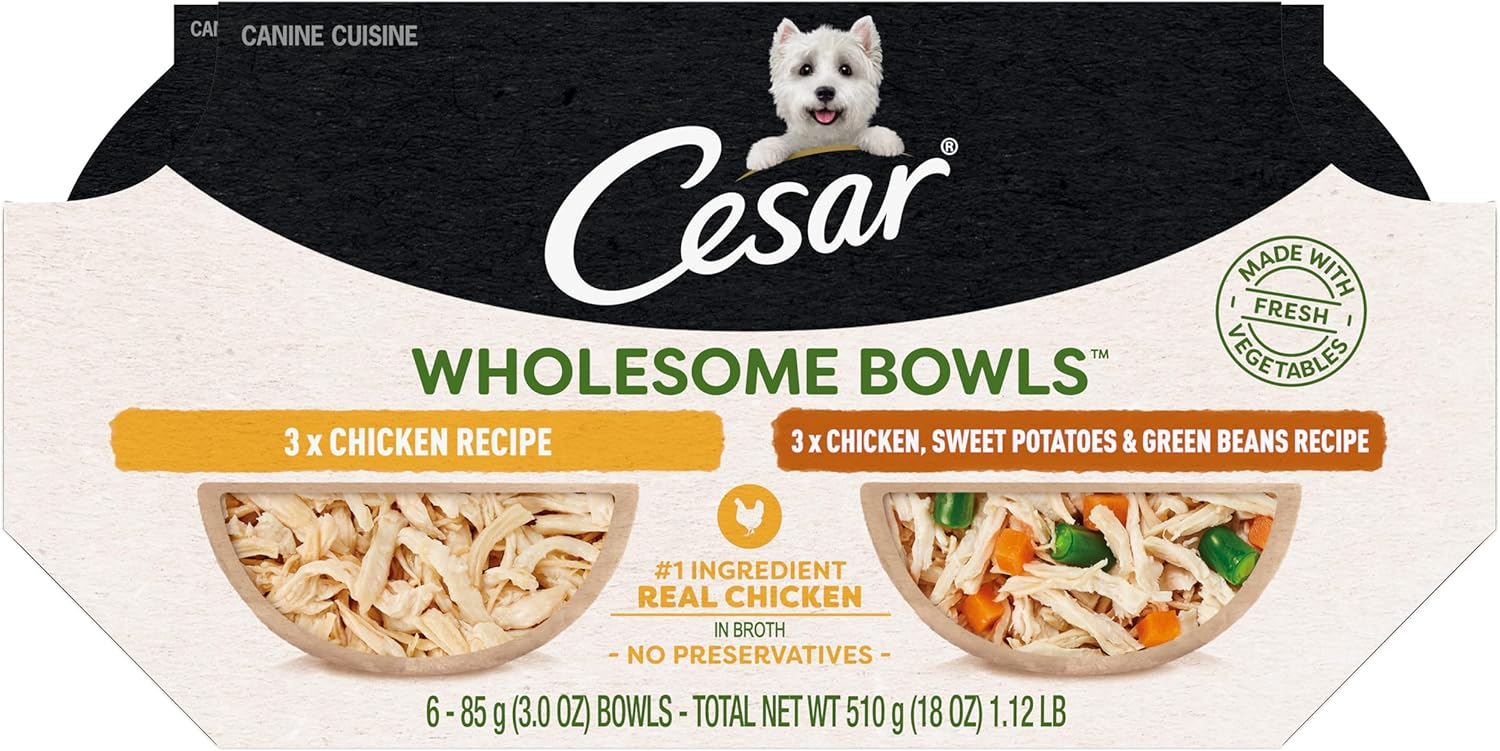 Cesar Wholesome Bowls Adult Wet Dog Food, Chicken Recipe and Chicken, Sweet Potatoes & Green Beans Recipe Variety Pack, 3 oz. (6 Count, Pack of 1)