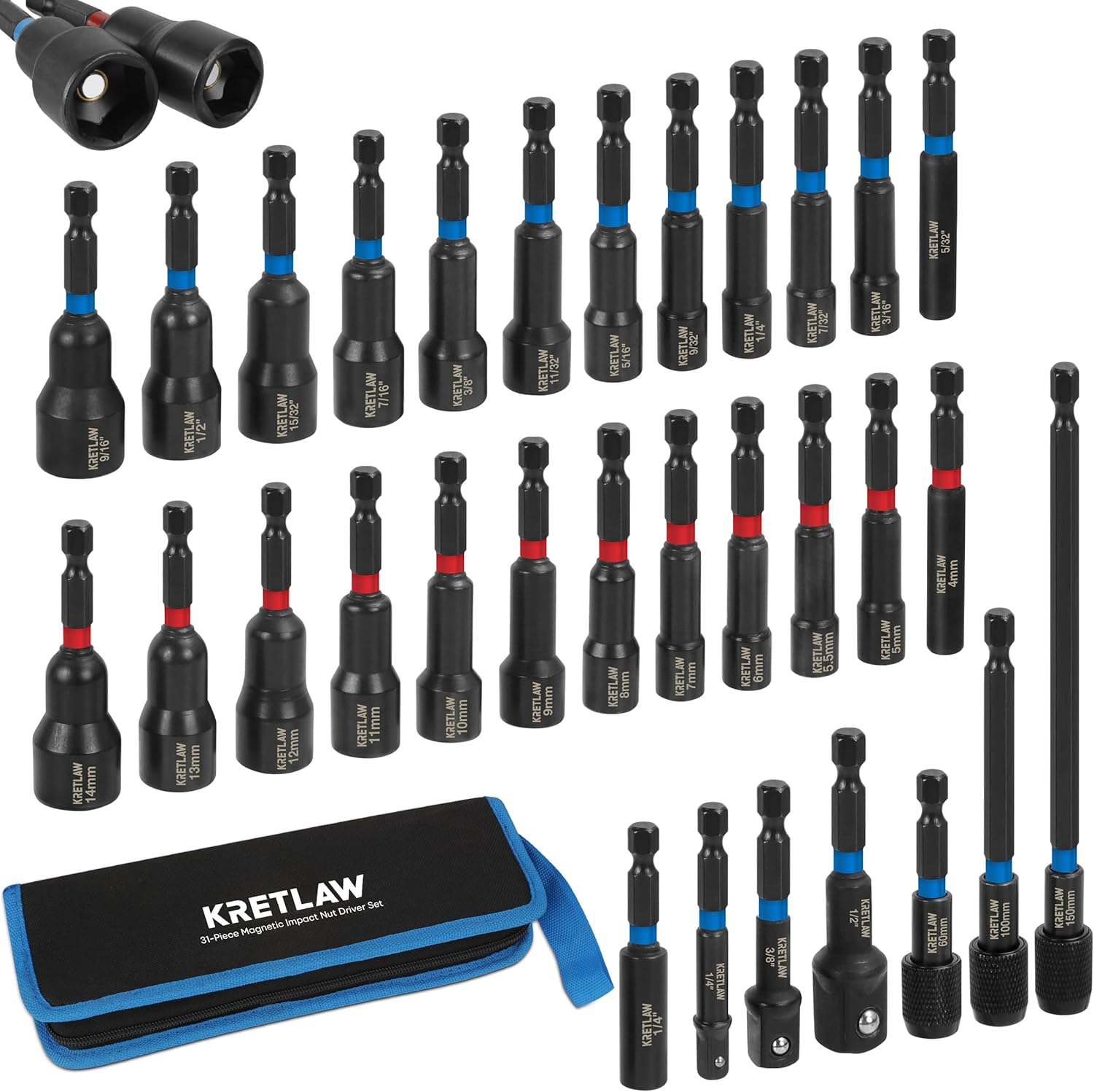 KRETLAW 31PCS Magnetic Nut Driver Set, Impact Drill Driver Bit in Cr-V, SAE & Metric Power Nut Drivers with Quick-Release Extensions & 1/4" Hex Shank