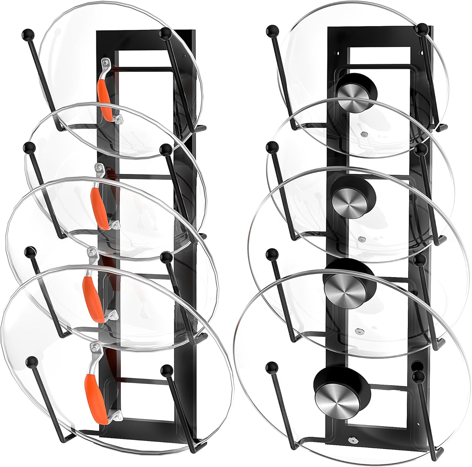 8 Layers of Adjustable Pot Lid Organizer Rack for Cabinet Door/Wall，2Pack Lid Organizer Pots and Pans Holder for Kitchen Storage with No Drilling Adhesive (Black)