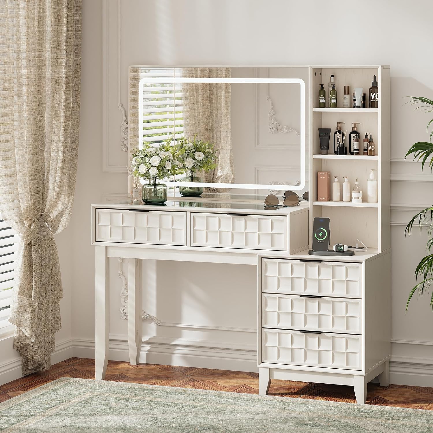 MALOL 50" Large Glass Top Vanity Desk, White Wood