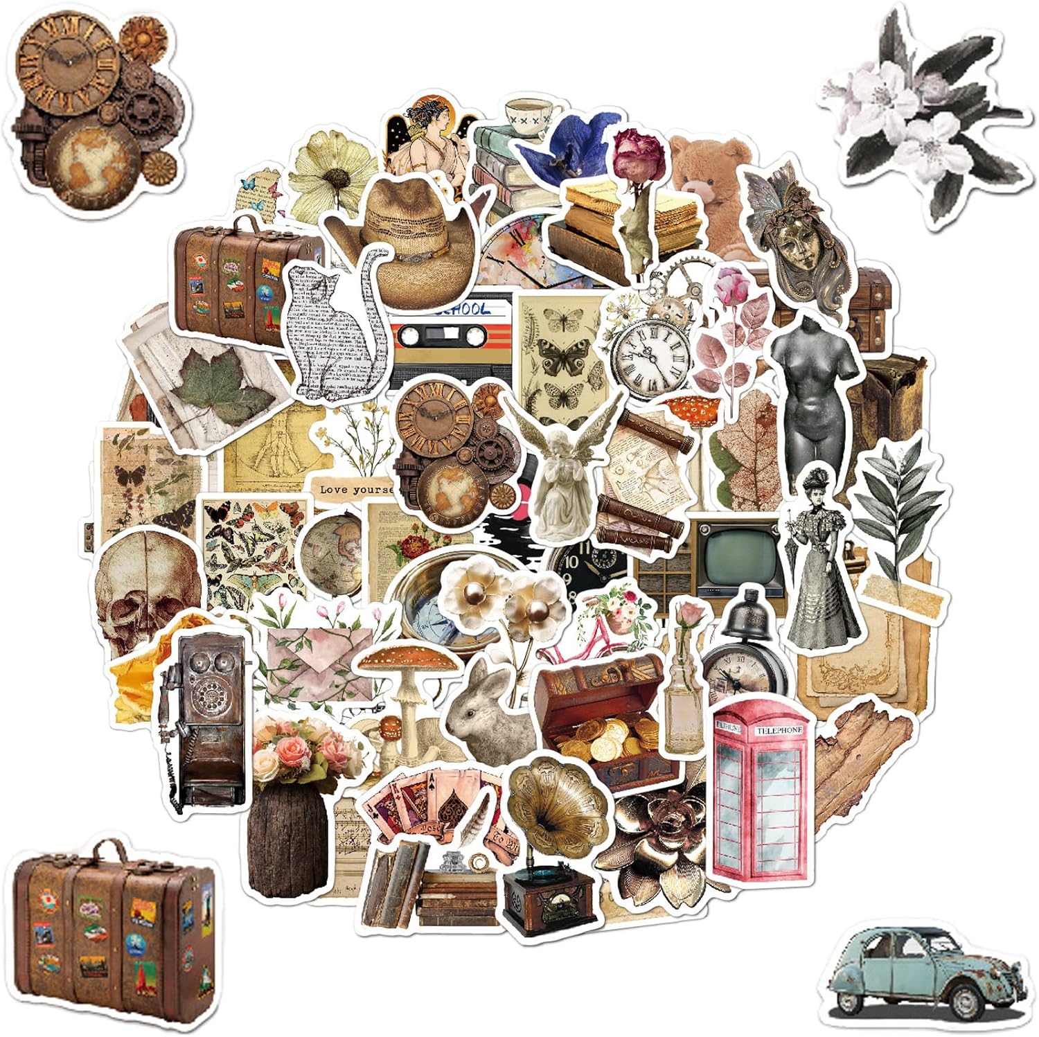 100 Vintage Stickers, Personalized Retro Design Scrap Booking Stickers,Aesthetic Vinyl Retro Stickers,for Laptops,Stainless Steel Cup,Suitcases,Stickers for Boys,Girls,Adults