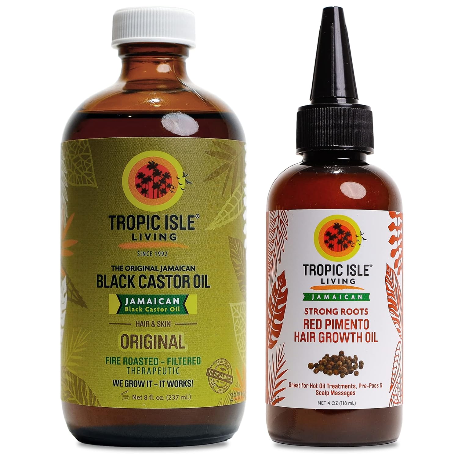 Tropic Isle Living Jamaican Black Castor Oil 8oz & Red Pimento Hair Growth Oil Set with Vitamin E, Omega Fatty Acids & Minerals - for Hair Growth, Skin Conditioning, Eyebrows & Eyelashes 4oz