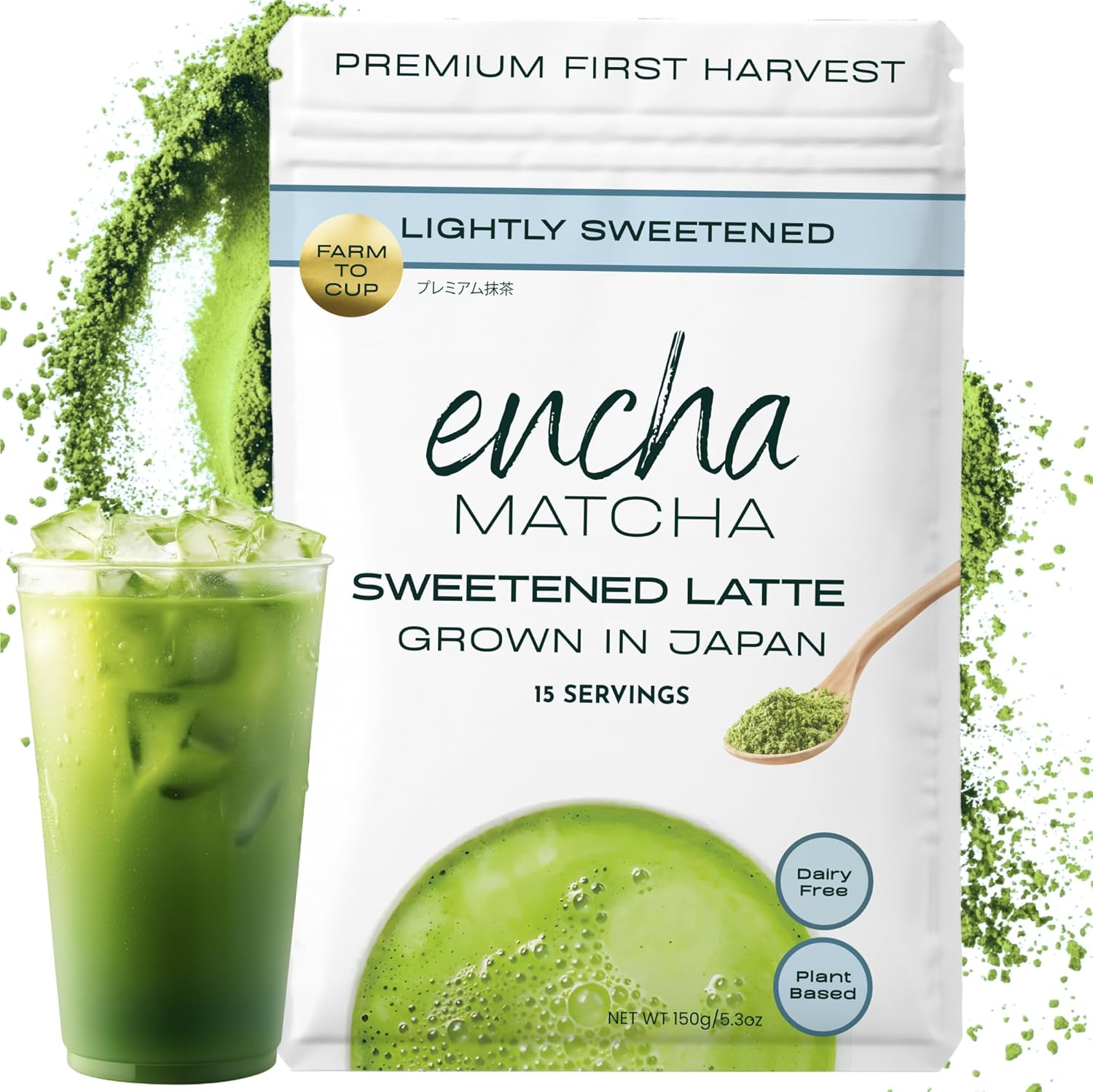 Encha Matcha Latte Powder Sweetened - Lightly Sweet Matcha Powder - First Harvest - Premium Japanese Matcha - 150g / 5.3oz