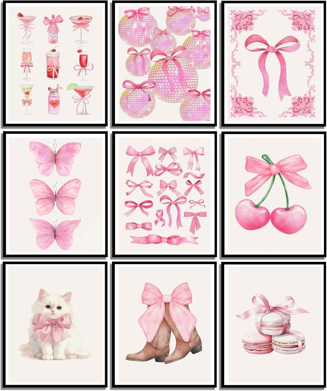 9Pcs Pink Bows Canvas Wall Art Trendy Coquette Bow Cute Cat Wall Decor Pictures Disco Ball Preppy Girly Boots Posters Prints for Bathroom Gallery Dorm Living Bedroom Decoration Unframed (Pink Bows, 12x16inx9pcs)