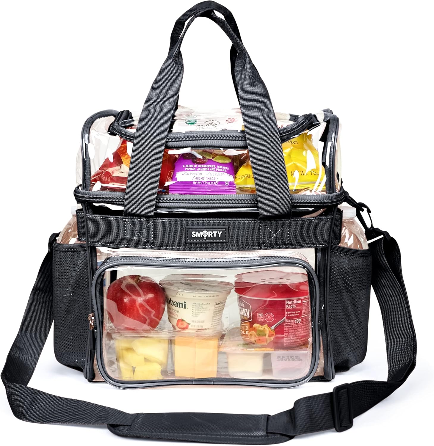 SMARTY Work Approved XL Heavy Duty Clear Lunch Box Shoulder Tote Bag Durable Transparent Security Check Men Women Travel Correctional Officers - Not Stadium Size (Extra Large Bold Black, 13 x 7 x 12)