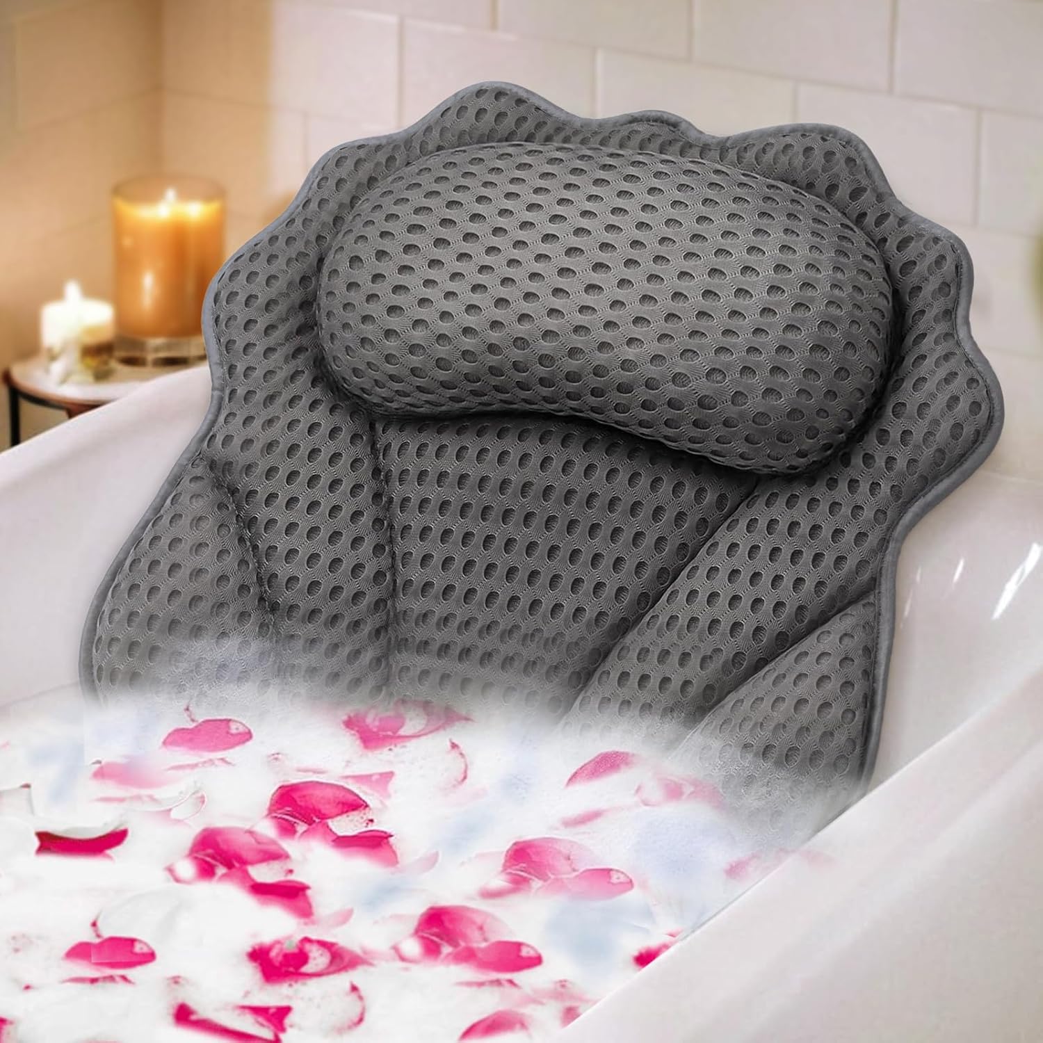 Bath Pillow RUVINCE Ergonomic Luxury bathtub pillow with head,Neck, Shoulder and back support, 4D bath pillows for tub with 6 Powerful Suction Cups, Fits all Bathtub (Grey)