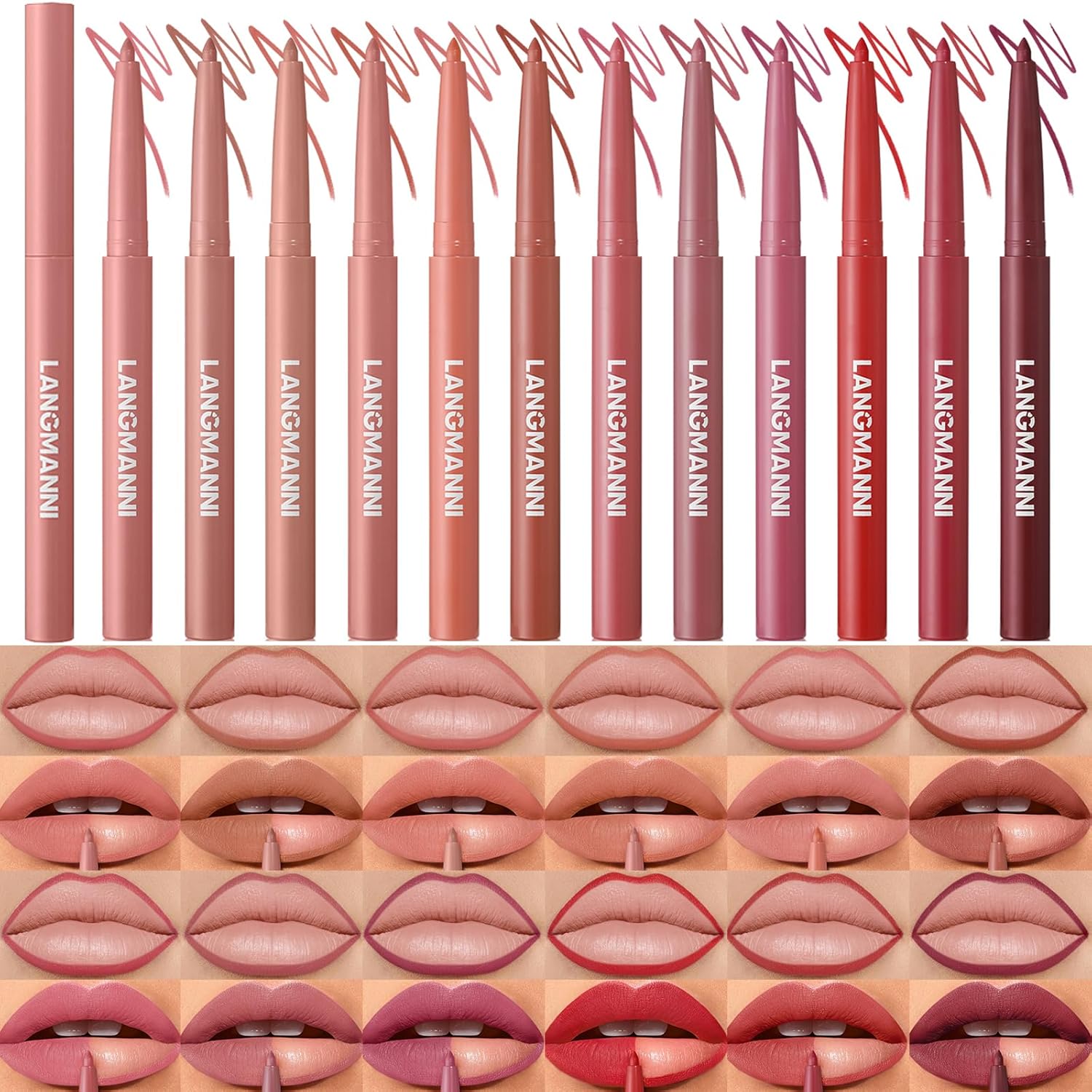 LANGMANNI 12 Colors Sculpting Matte Velvet Lip Liner Set,Smooth Creamy Texture,Waterproof And High Pigmented For Girls Daily Application Lip Makeup