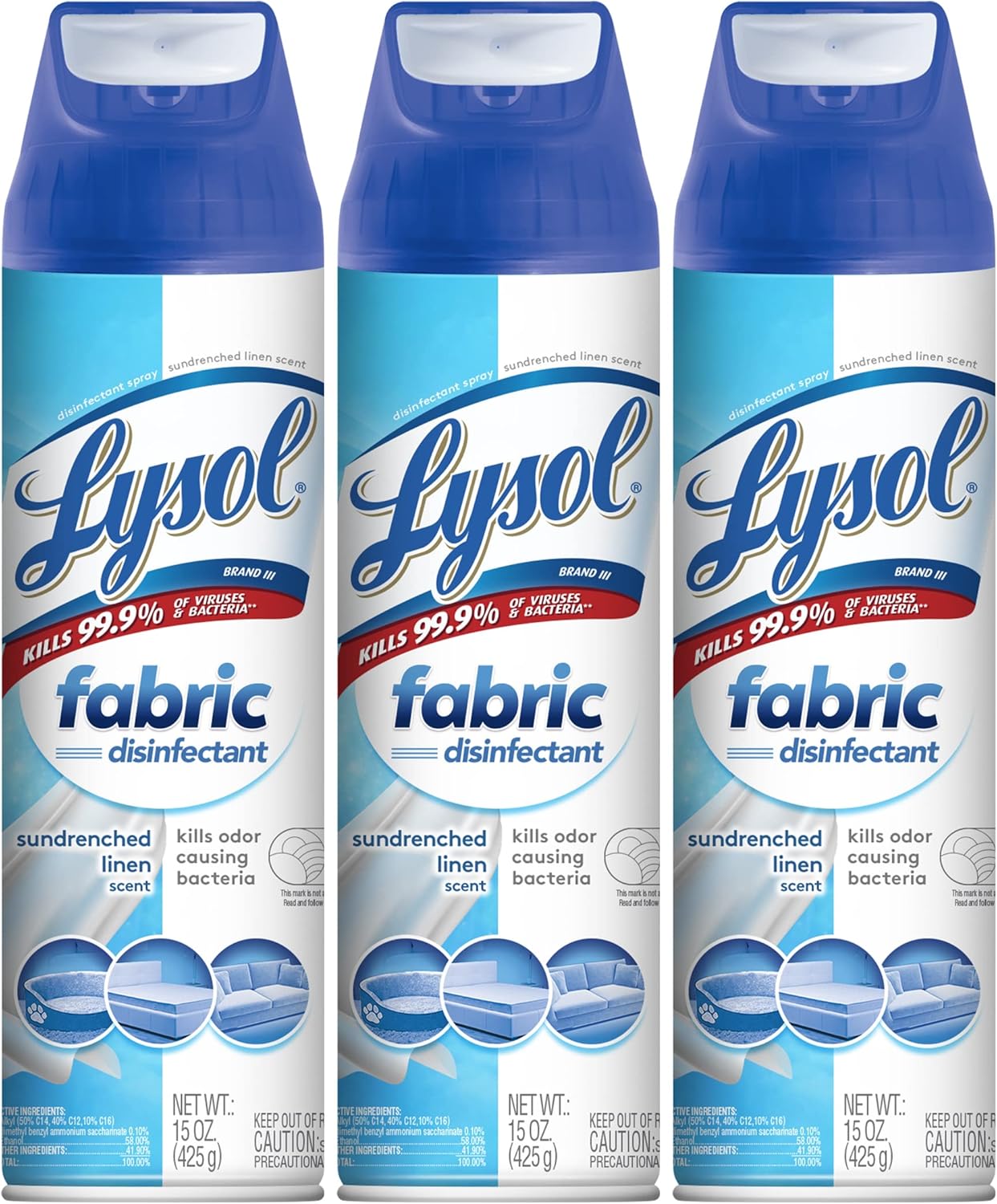 Lysol Fabric Disinfectant Spray, Sanitizing and Antibacterial Spray, For Disinfecting and Deodorizing Soft Furnishings, Sundrenched Linen 15 FL. Oz (Pack of 3)