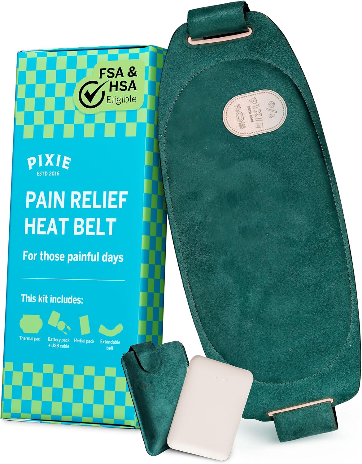Pixie Period Heating Pad for Cramps - Wearable Cordless Graphene Heat Belt - 3 Heat Settings - Vibration Massage - Discreet - Adjustable Fit - Rechargeable - FSA Eligible and HSA Eligible - Green