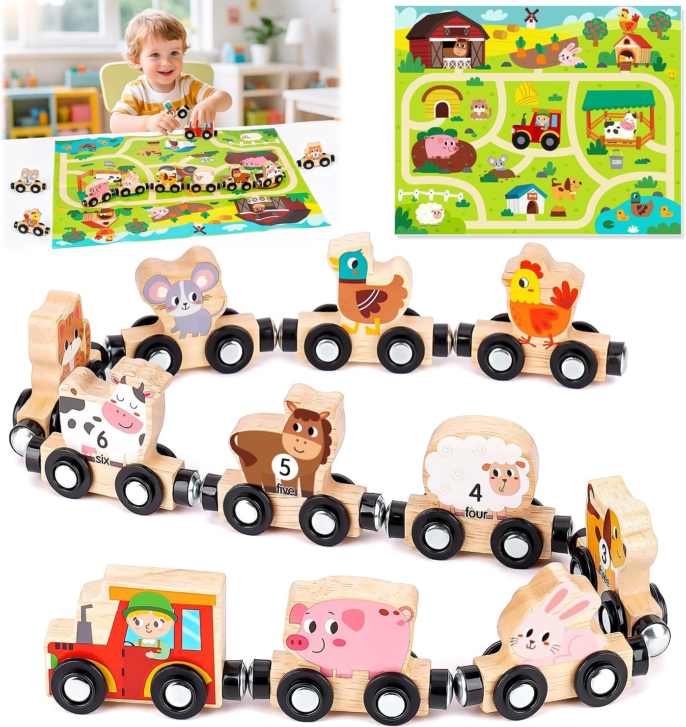 Toys for 1 2 3 4 Year Old Boy Gifts: Toddler Montessori Toys Magnetic Wooden Train Set for Boys Girls Age 2 3 4 Educational Toy Gift for Kid Farm Animals Track Mat Set Birthday Presents for Toddlers
