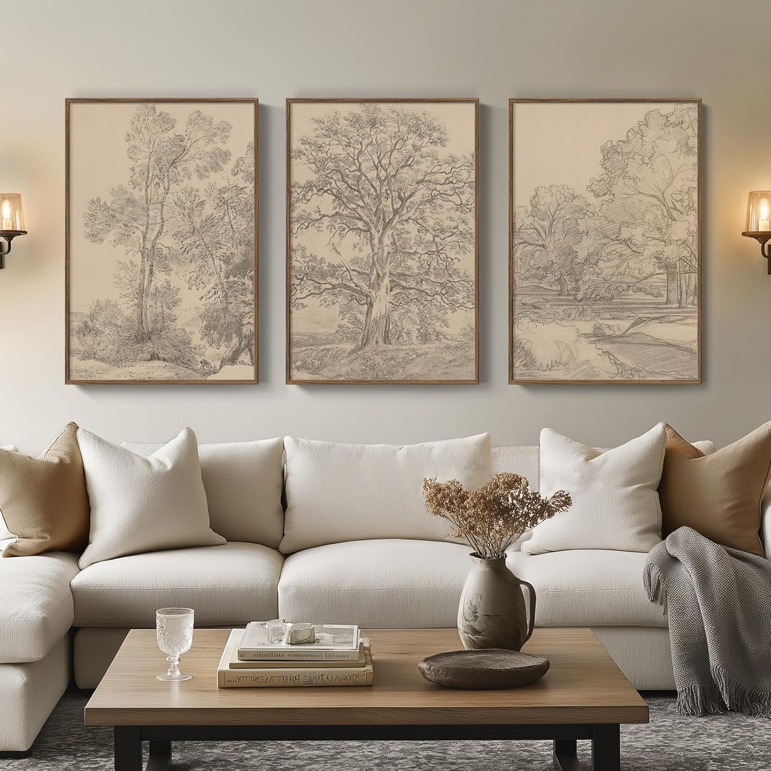 Large Vintage Framed Neutral Landscape Wall Art for Living Rooms, 3 Piece Retro Big Tree Sketch Botanical Forest Antique Canvas Artwork Set, Rustic Nature Wabi Sabi Art Prints for Hallway Home Office 24x36 Inch