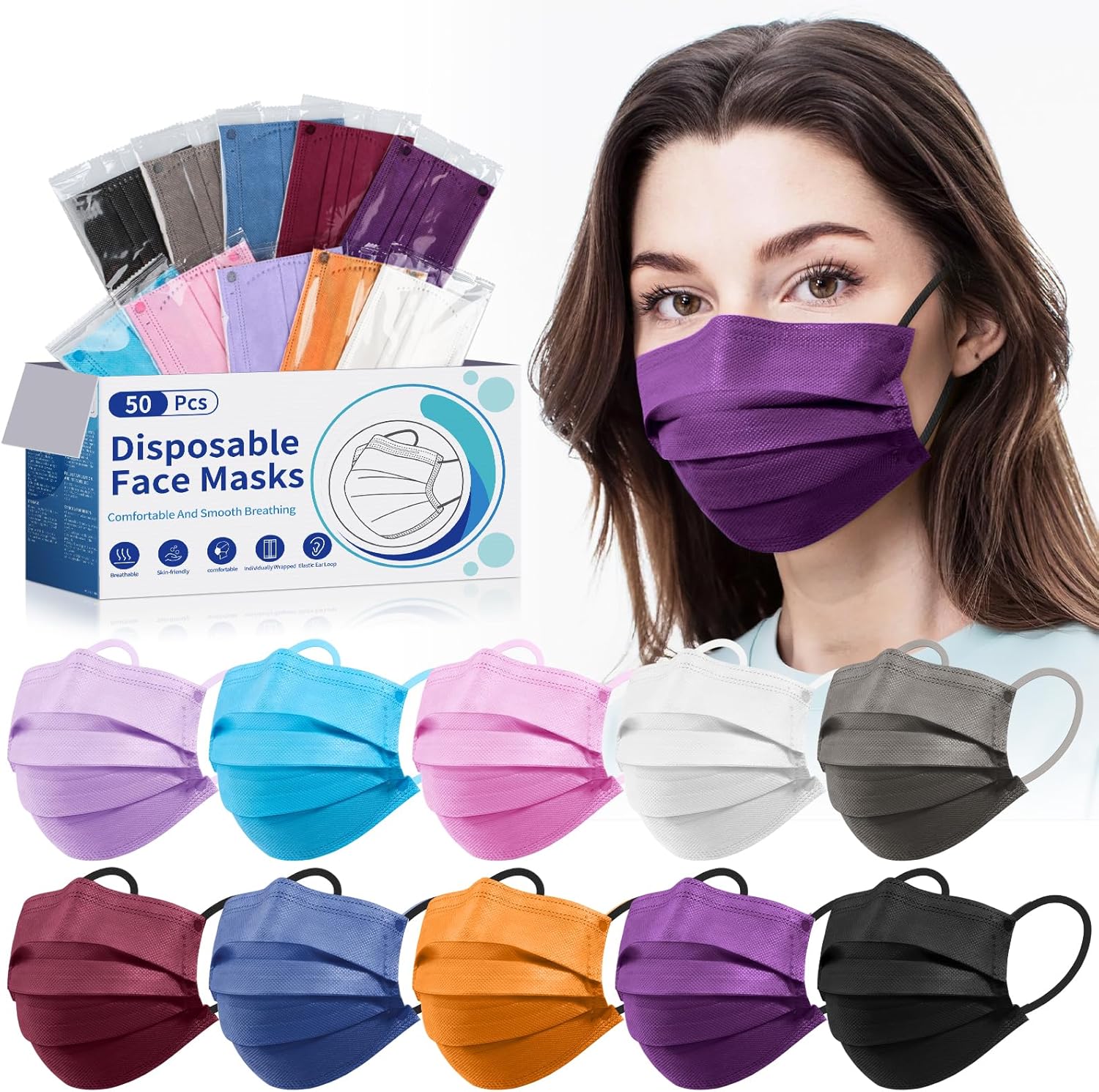 Disposable Face Mask for Adults - 4 Ply Protection, Individually Wrapped 50 Pack, 10 Colors, Breathable Comfortable & Safe