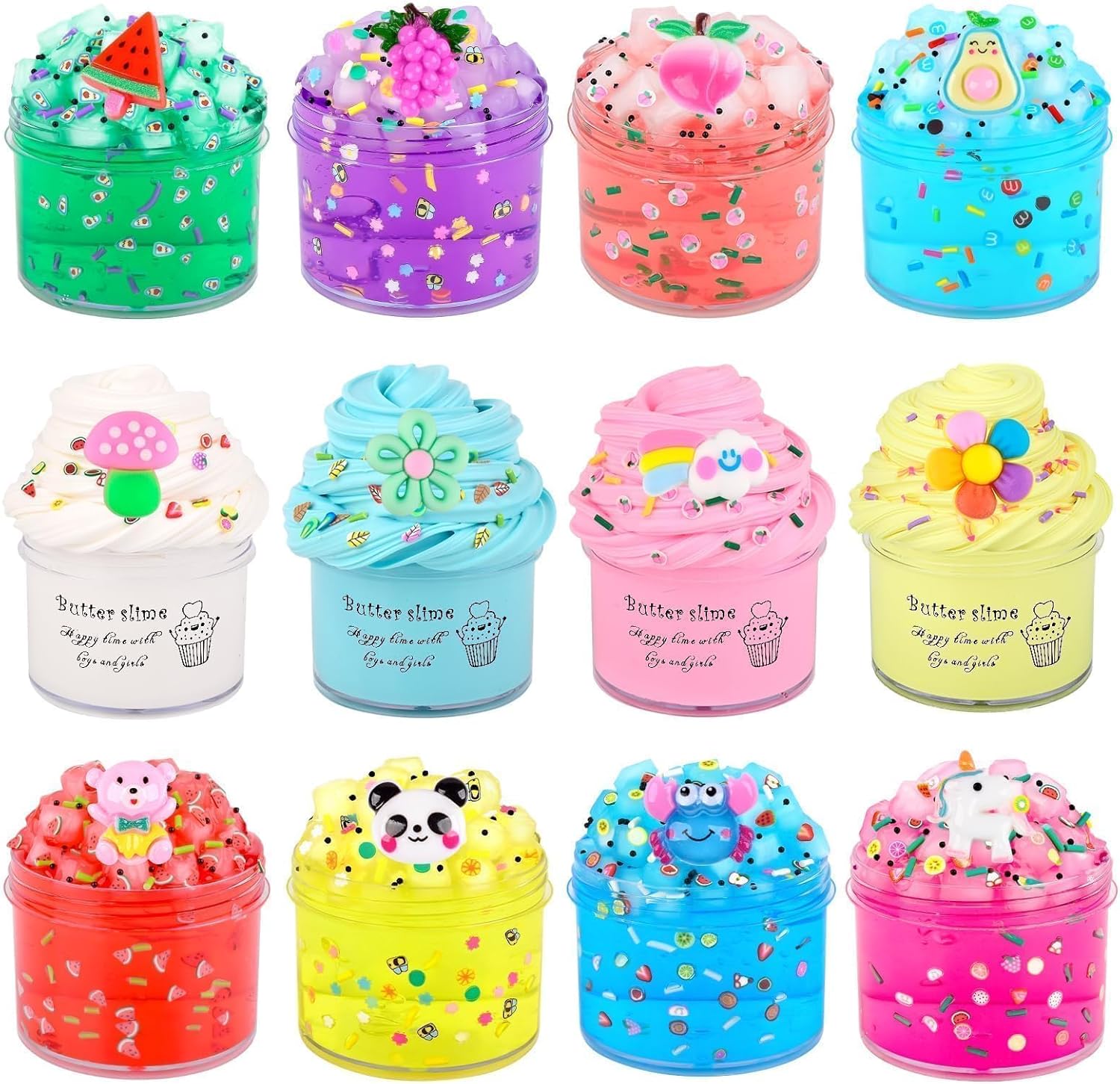 12 Pack Slime Kit - 8 Clear & 4 Fluffy Butter, Easter Peach Jelly Cube Crunchy Crystal for Birthday Party Favor, Soft Non-Sticky Sensory Toys for Girls and Boys, 6-12