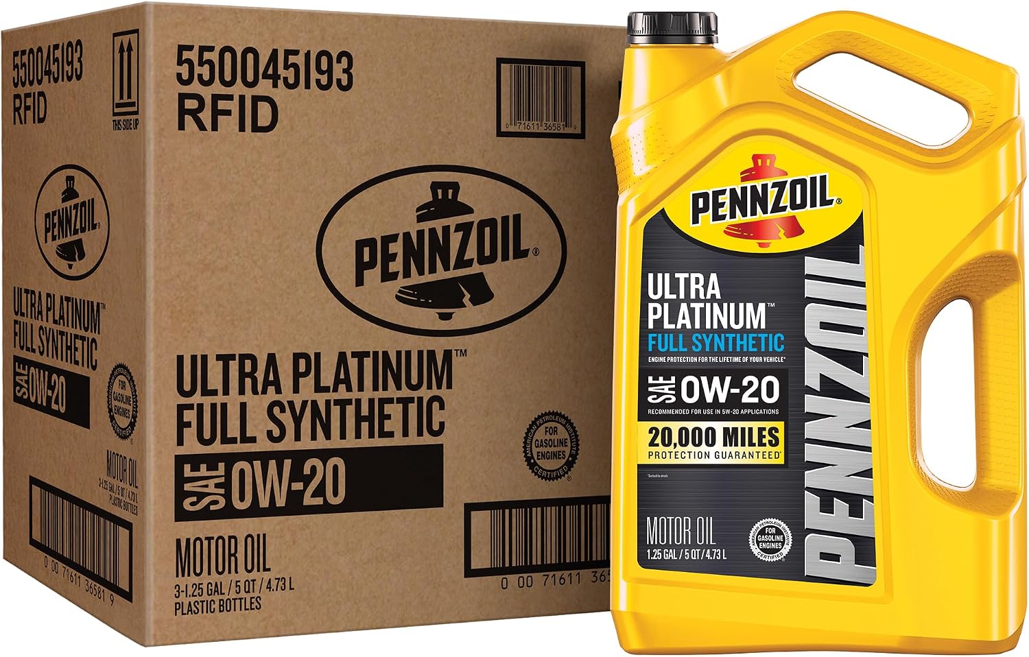 Pennzoil Ultra Platinum Full Synthetic 0W-20 Motor Oil, 5 Quart (3 Pack)