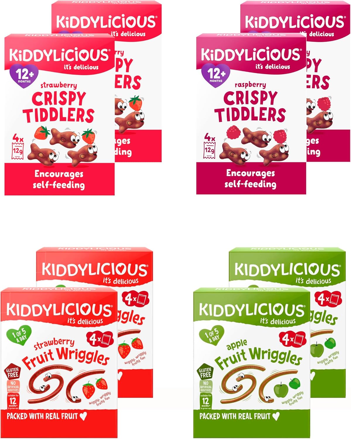 Kiddylicious 12 Month+ Tiddlers & Wrigglers Mixed Variety Pack - Strawberry and Raspberry Crispy Tiddlers, Apple and Strawberry Fruit Wriggles (8 x 48g)
