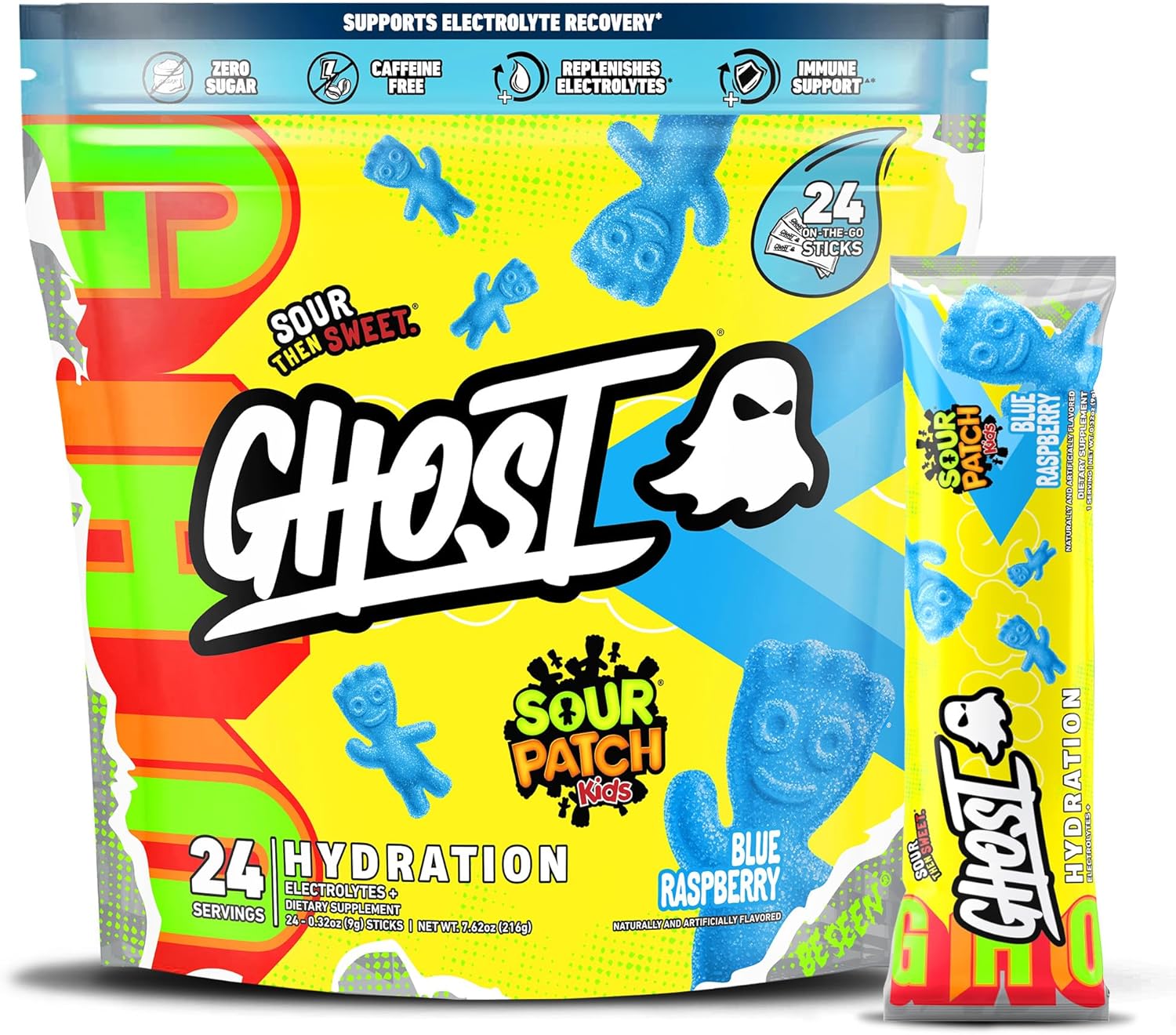 GHOST Hydration Packets, Sour Patch Kids Blue Raspberry, 24 Sticks, Electrolyte Powder - Drink Mix Supplement with Magnesium, Potassium, Calcium, Vitamin C - Vegan, Free of Soy, Sugar & Gluten
