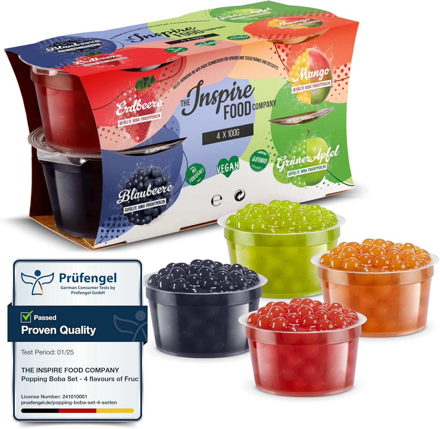 INSPIRE FOOD Bubble Tea Pearl Set - 4-Pack Popping Boba Fruit Pearls | Strawberry, Mango, Green Apple, Blueberry | Tapioca Pearls 100% vegan and gluten-free, without artificial colorings, 100g each