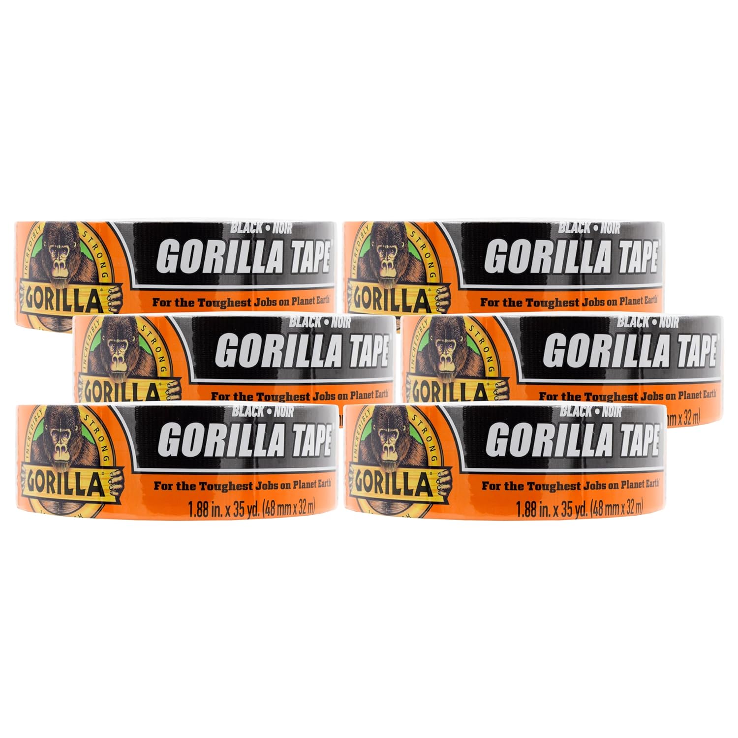 Gorilla Duct Tape, Black Tape, 1.88" x 35 yd (Pack of 6) - Heavy Duty and Weather Resistant for Indoor or Outdoor