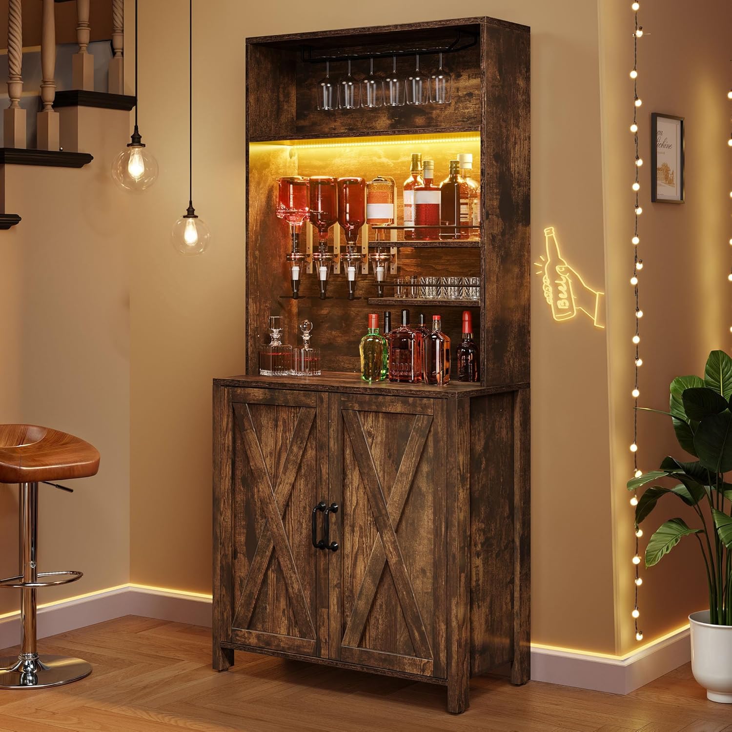 DWVO Farmhouse Bar Cabinet w/LED Lights, 71" Liquor Cabinet for Glasses, Tall Wine Bar Cabinet w/ 4-Bottle Liquor Dispenser & Wine Rack, Kitchen Storage Cabinet for Living Room, Rustic Brown
