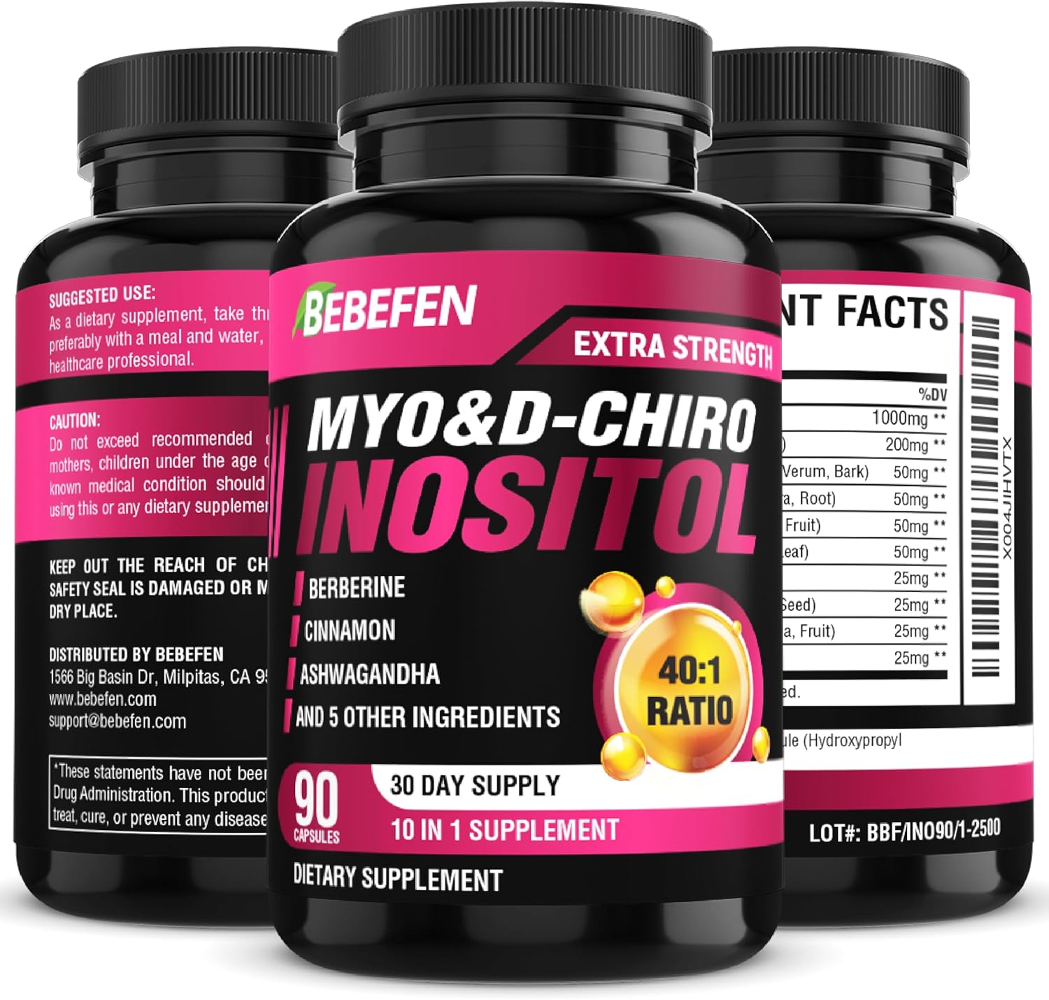 Inositol Supplement - Myo-Inositol and D-Chiro Inositol Ideal 40:1 Ratio - Plus Berberine, Cinnamon, Ashwagandha + 5 More - 90 Capsules