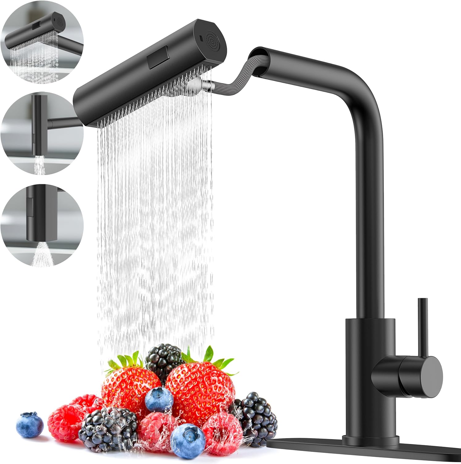 Matte Black Waterfall Kitchen Faucets with Pull Down Sprayer, Single Hole, Single Handle, Pull Out Tap, Stainless Steel Sink Faucet, Suitable for Farmhouse Camper Laundry Rv Bar