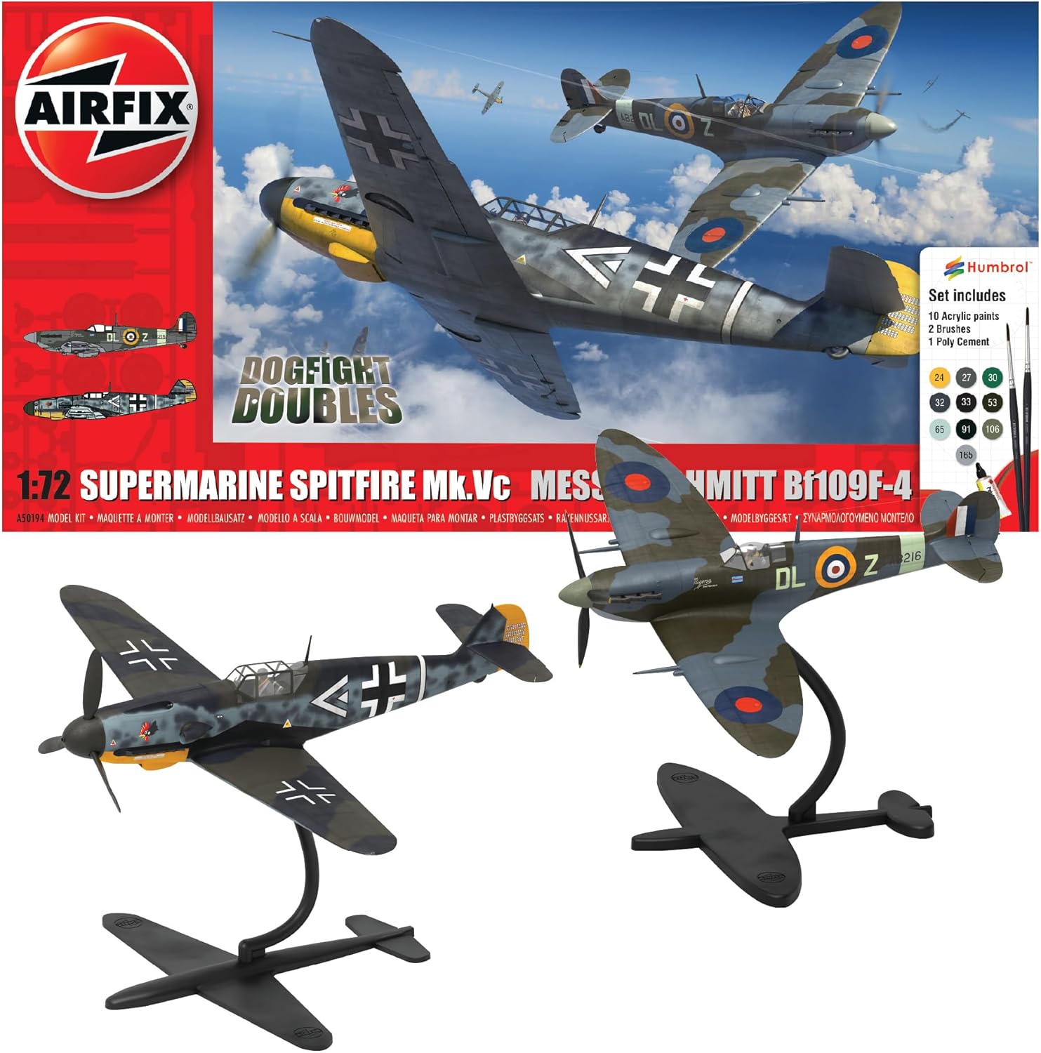 Airfix Gift Set x 2 Kits - Model Plane - A50194 Supermarine Spitfire Mk.Vc and Bf109F-4 Dogfight Double Building Set, 1:72 Scale Kit for Adults & Kids 8+ Models Military Gifts for Men Un-Painted