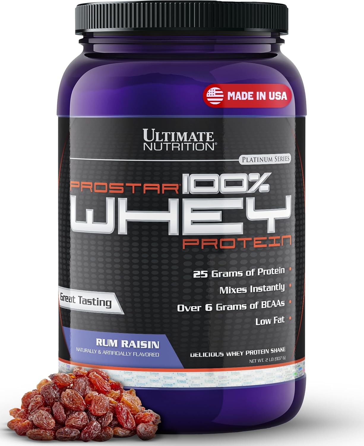 Ultimate Nutrition Prostar Whey Protein Powder Isolate, Gourmet Rum Raisin - Low Carb, High Protein Powder Shake for Muscle Gain & Recovery - Low Sodium, Low-Fat & Keto Friendly - 2 lbs Tub