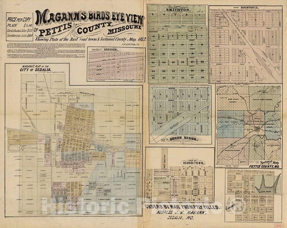 Historic 1872 Wall Map - Magann's Bird's Eye View map of Pettis County, Missouri : Showing plats of The Railroad Towns and sectional County map, 1872 44in x 35in