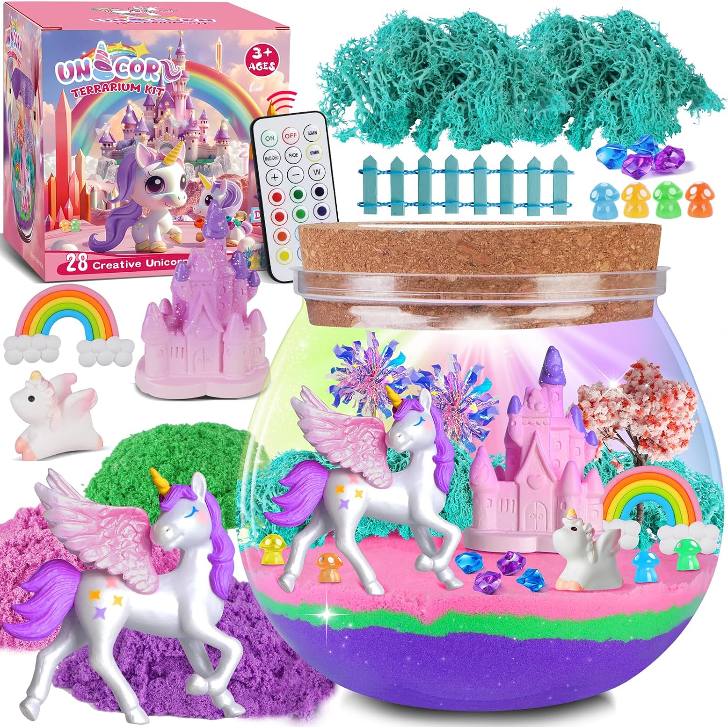 RONSTONE Uni-Corn Terrarium Kit Toys for Girls - Birthday for Girls Ages 4 5 6 7 8-12 Year Old - Light Up DIY Uni-Corn Arts and Crafts for Kids