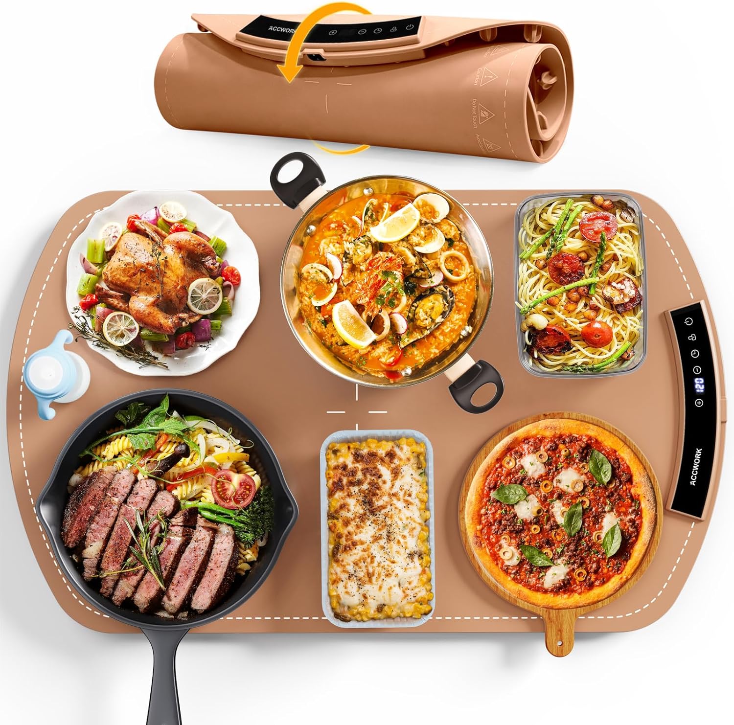 Accwork Electric Food Warmer, Portable Food Warming Tray with 6 Timers, 9 Temperature Settings, Waterproof Silicone Heating Mat for Buffet Party, Home Dinners & Gatherings, 65 x 40 x 1.8cm, Brown