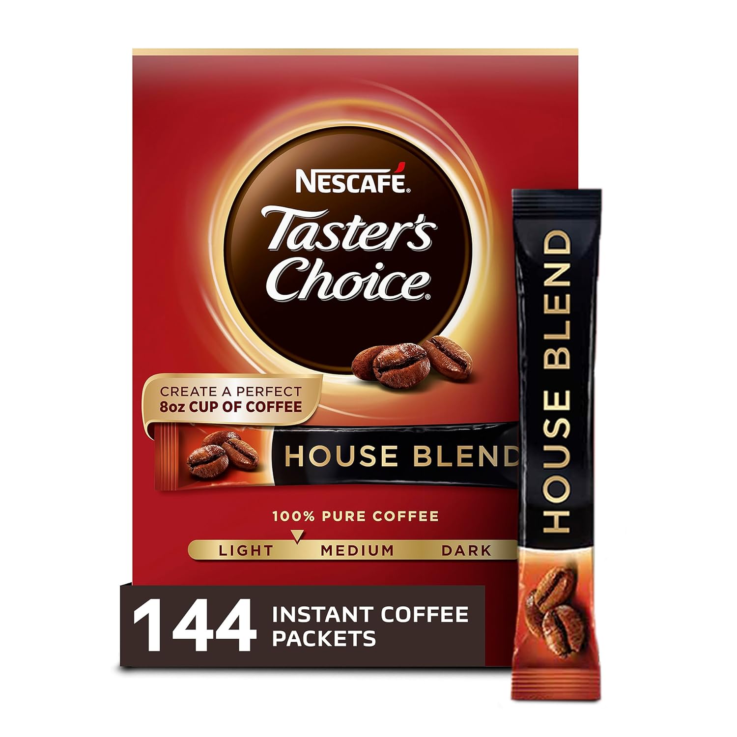 NESCAFE Taster's Choice, House Blend Light Medium Roast Instant Coffee, 8 boxes (144 Packets)