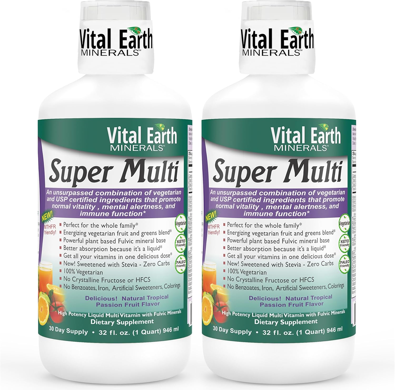 Vital Earth Minerals Super Multi 2-Pack – Liquid Multivitamins for Women, Men & Kids, Liquid Vitamins with Fulvic Acid for Better Absorption, MTHFR Support, 32 Oz Ea + 1 Oz Cup