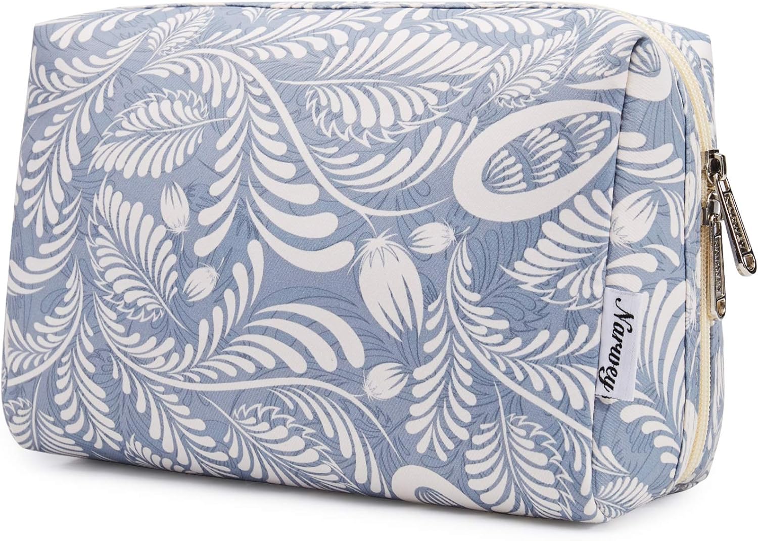 Large Makeup Bag Zipper Pouch Travel Cosmetic Organizer for Women (Blue Leaf, Large)