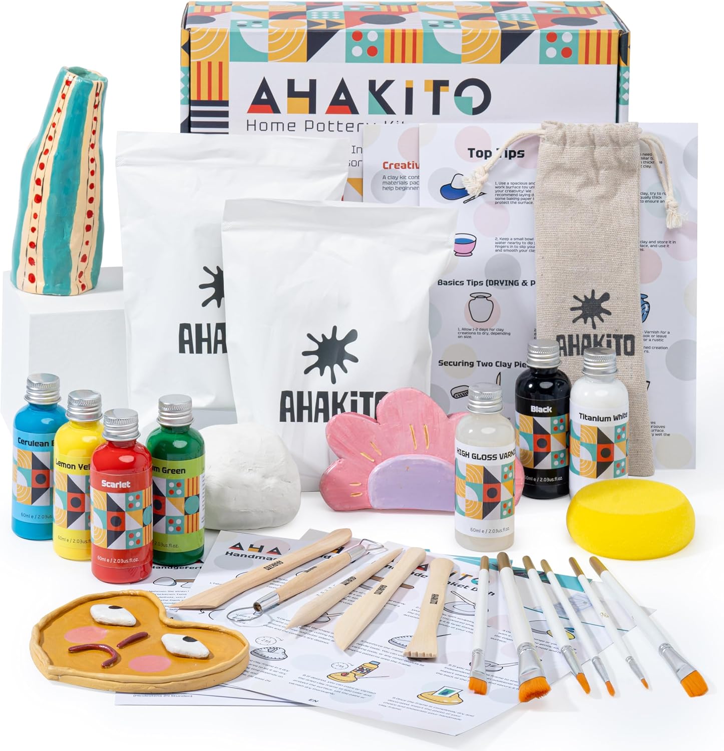 Ahakito Air Dry Clay for Adults, Pottery Kit for Beginners, Clay Kit Includes: Air Dry Clay for Kids, Clay Sculpd Tools, Pottery Painting Kit, Brushes, Gloss Varnish, Step-by-Step Comprehensive Guide