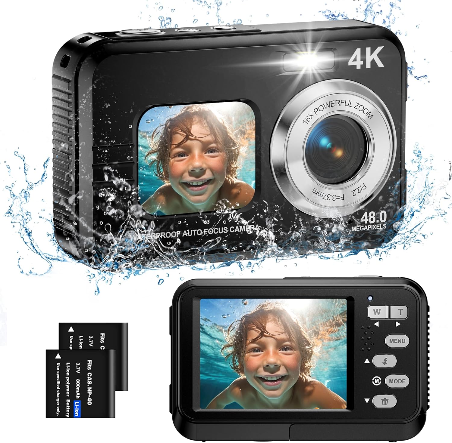 Underwater Camera, 4K Waterproof Camera, 48MP Autofocus Selfie Dual Screens 11FT Underwater Camera for Snorkeling Waterproof Compact Portable Digital Camera, 2 Batteries