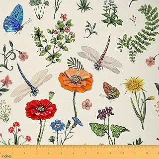 Castle Fairy Poppy Fabric by The Yard Wild Dragonfly Butterfly Retro Flowers Fabric for Sewing Lovers Watercolor Sunflowers Plants Rustic Style Fabric for Room Decor and DIY Upholstery 1 Yard